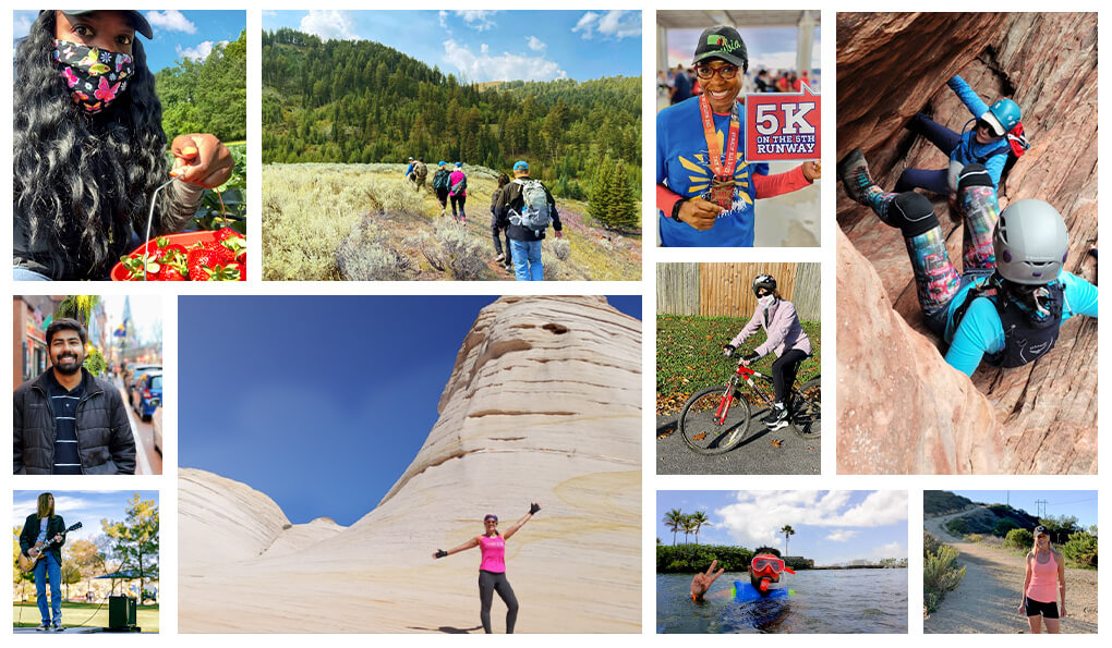 A collage of pictures with people traveling, exercising and being outdoors 