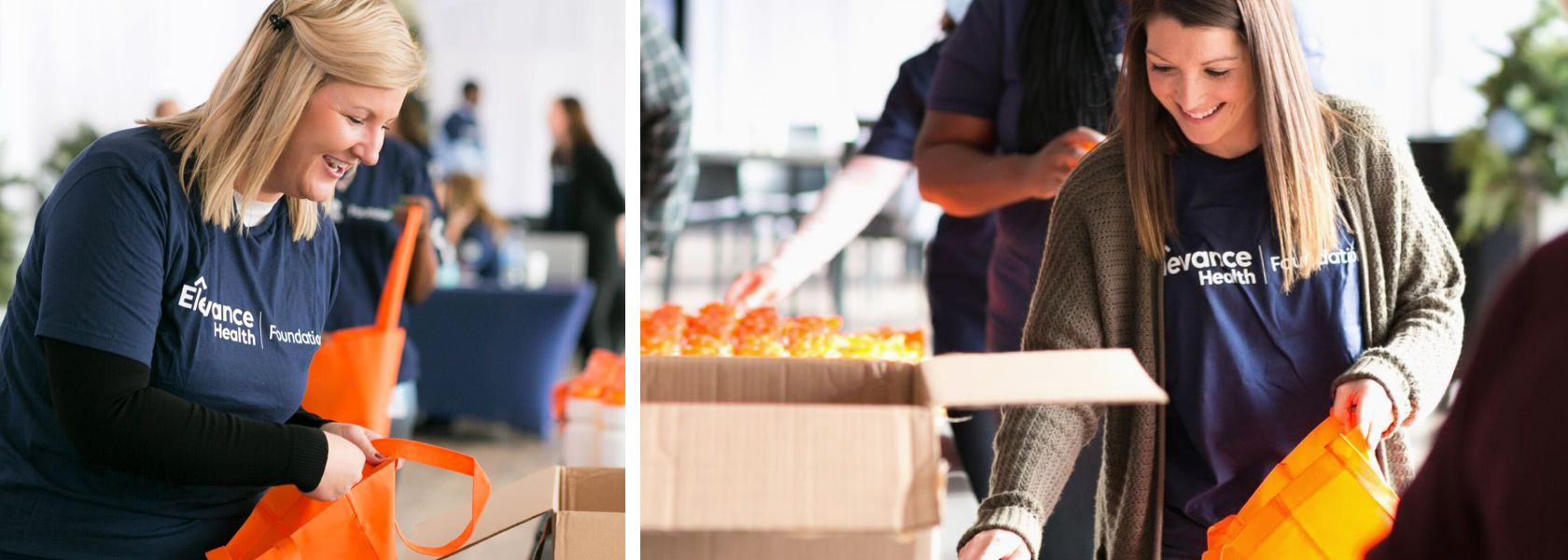 Two Elevance Health associates standing in a line packing food from boxes into orange bags.